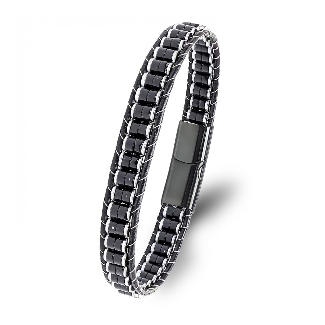Oniks & Hematit Çelik Örgülü Deri Bileklik