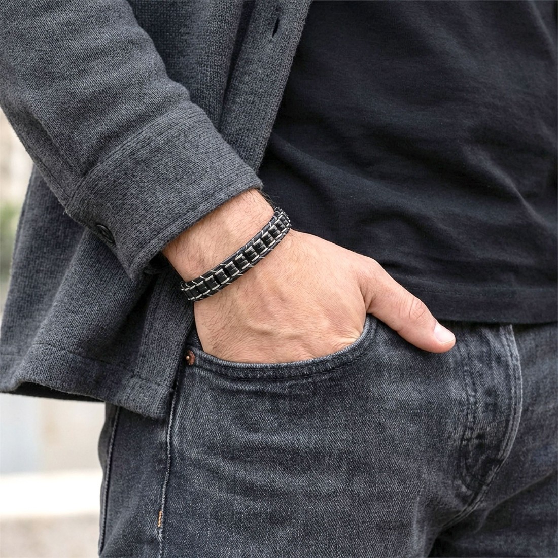 Oniks & Hematit Çelik Örgülü Deri Bileklik