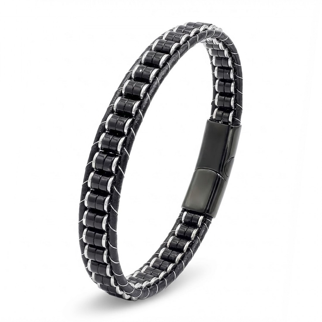 Oniks & Hematit Çelik Örgülü Deri Bileklik