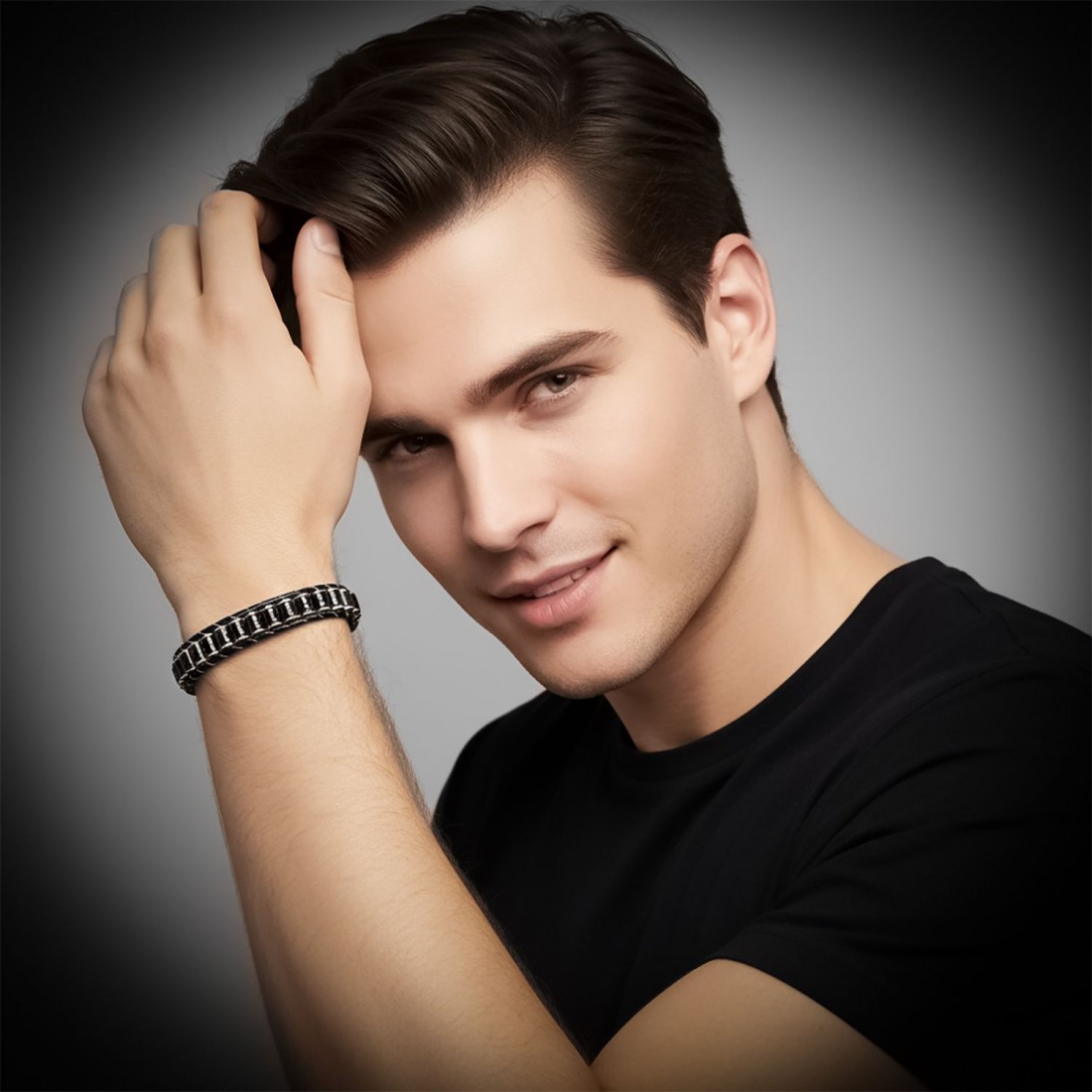 Oniks & Hematit Çelik Örgülü Deri Bileklik