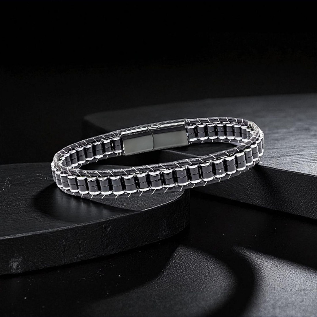 Oniks & Hematit Çelik Örgülü Deri Bileklik