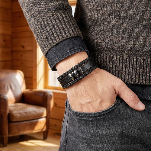 Orijinal Deri ve 316L Çoklu Çelik Erkek Bileklik