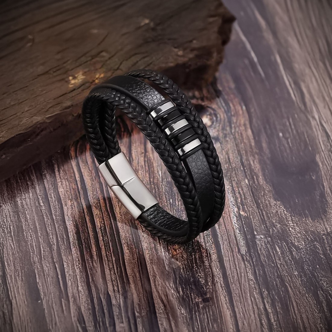 Orijinal Deri ve 316L Çoklu Çelik Erkek Bileklik