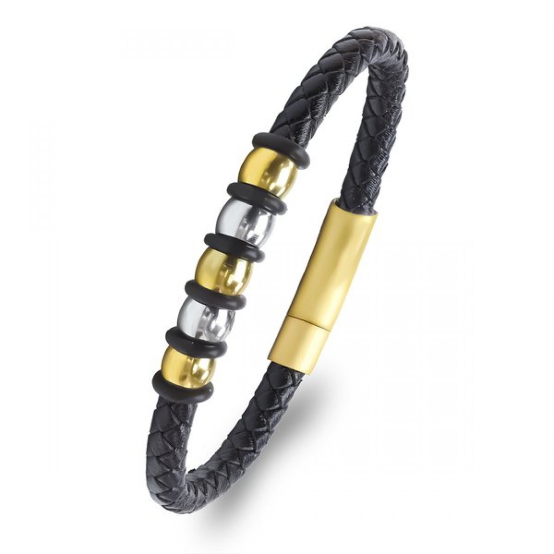 Altın tonlu çelik halkalı siyah örgü deri toptan erkek bileklik