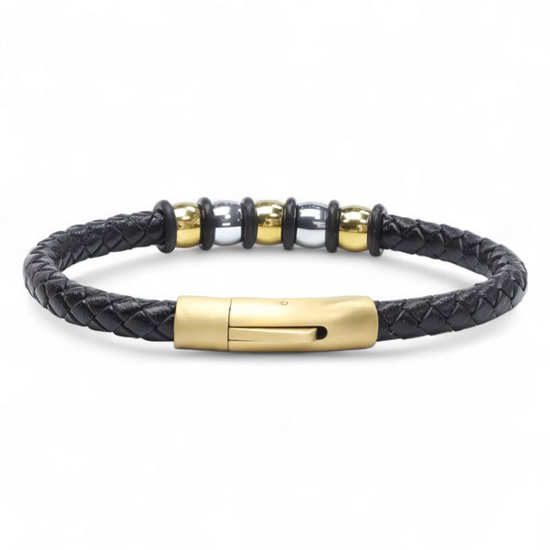 Altın tonlu çelik halkalı siyah örgü deri toptan erkek bileklik