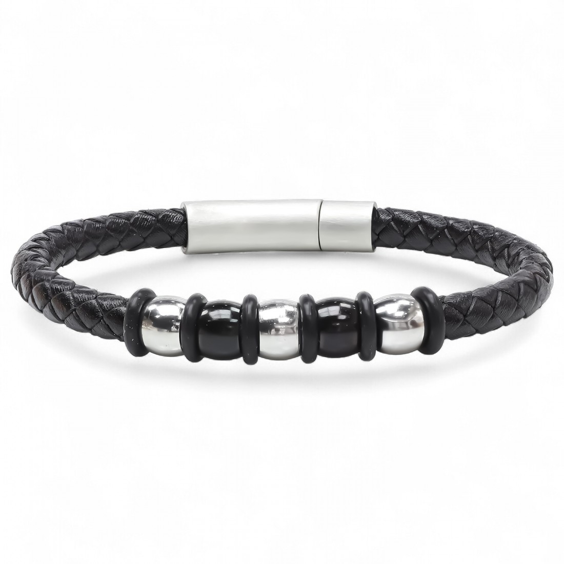 Toptan siyah örgü deri ve çelik detaylı erkek bileklik