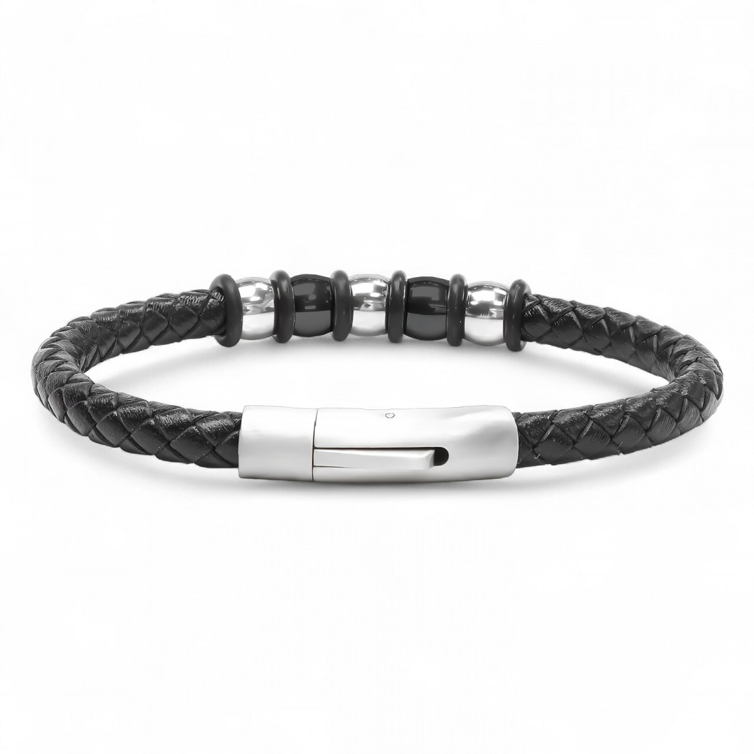 Toptan siyah örgü deri ve çelik detaylı erkek bileklik