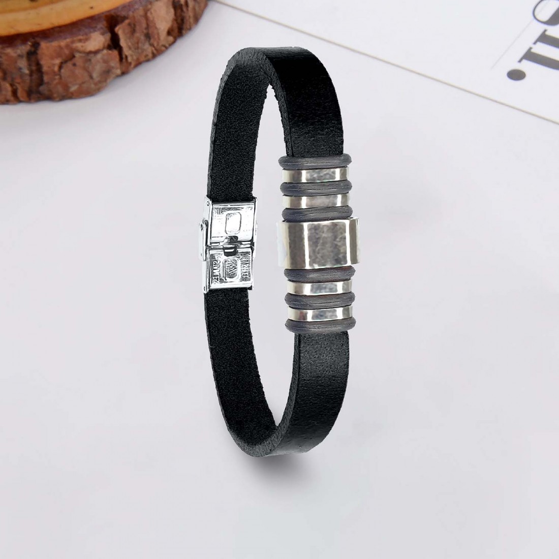 Orjinal Siyah Deri Ve Çelik Bileklik