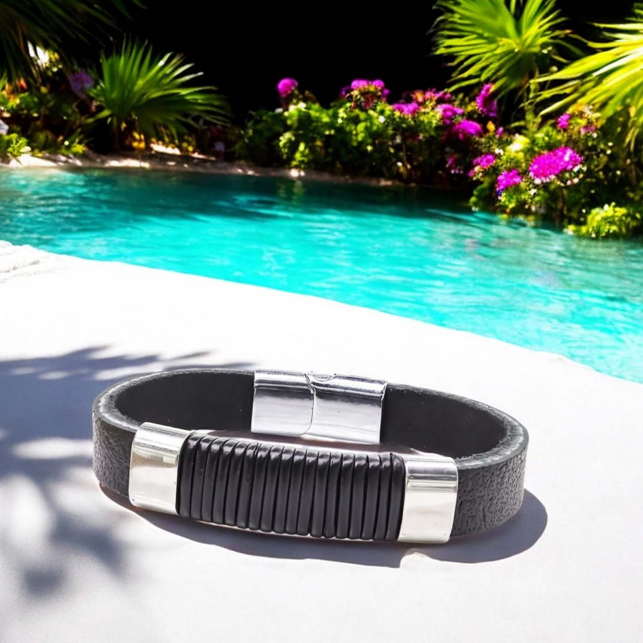 Orjinal Siyah Deri Ve Çelik Bileklik