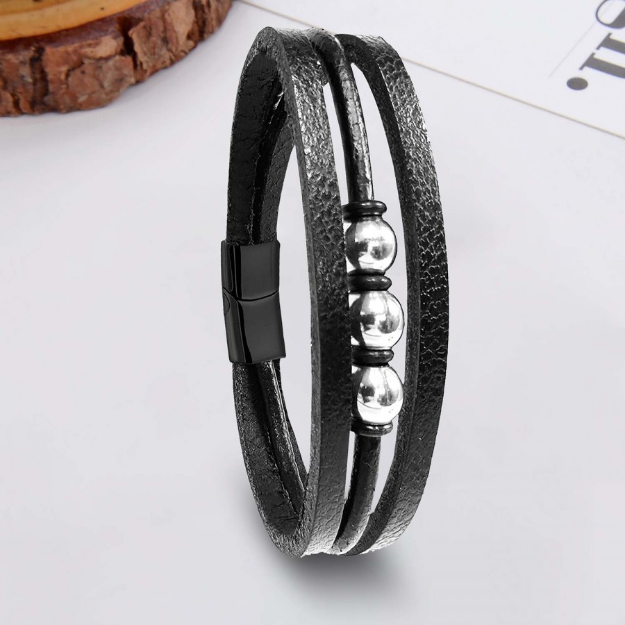 Orjinal Siyah Deri Ve Çelik Top Bileklik