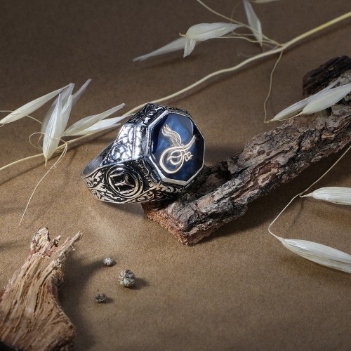 Osmanlı Tuğralı Mineli Alloy Otantik Erkek Yüzük