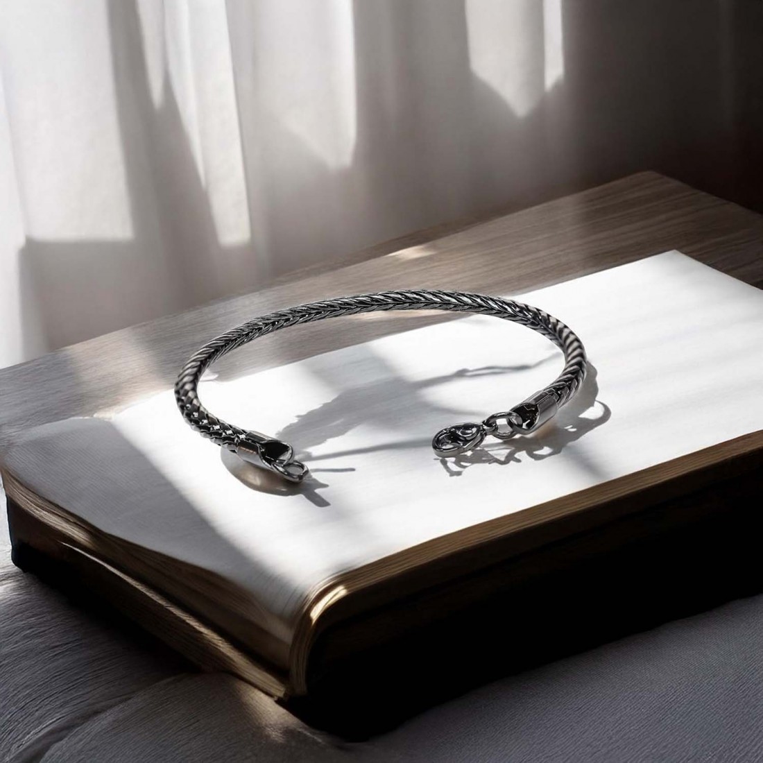 Oval Kral Bakla Örgülü Siyah Çelik Zincir Bileklik 4.0Mm