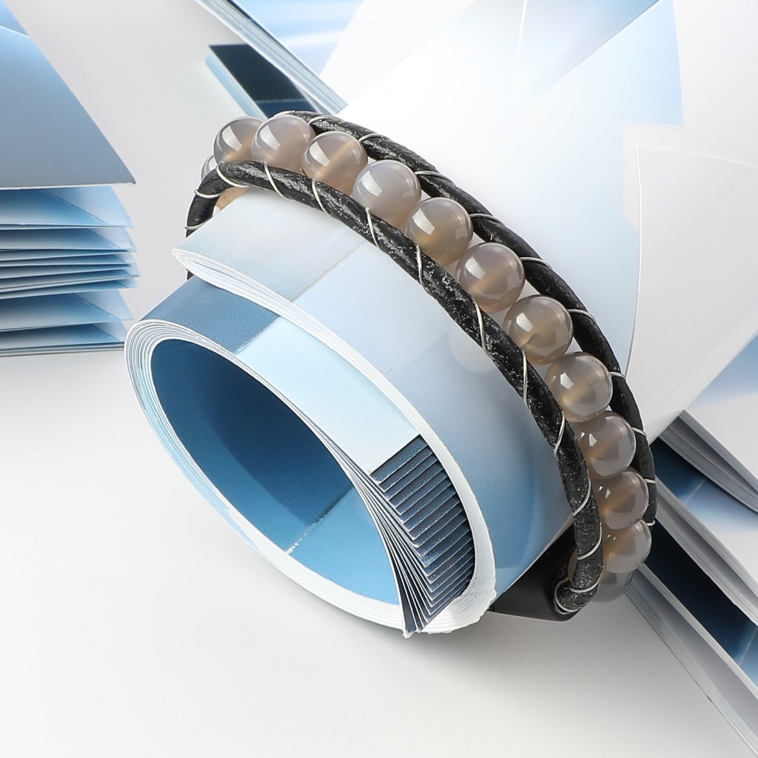 Toptan Parlak Beyaz Akik Doğaltaşlı Deri Bileklik Fiyatları