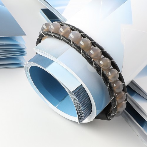 Parlak Beyaz Akik Doğaltaşlı Deri Bileklik