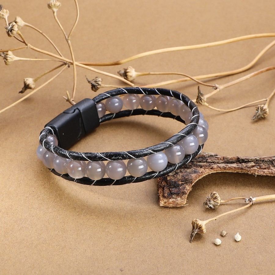 Toptan Parlak Beyaz Akik Doğaltaşlı Deri Bileklik Fiyatları