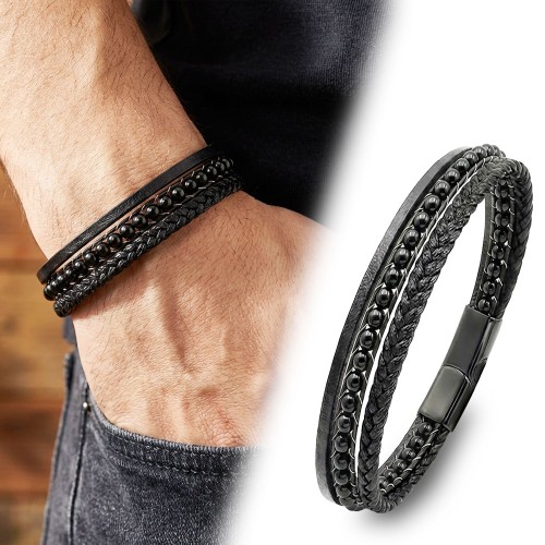 Parlak Oniks Doğaltaş Ve Deri Bileklik