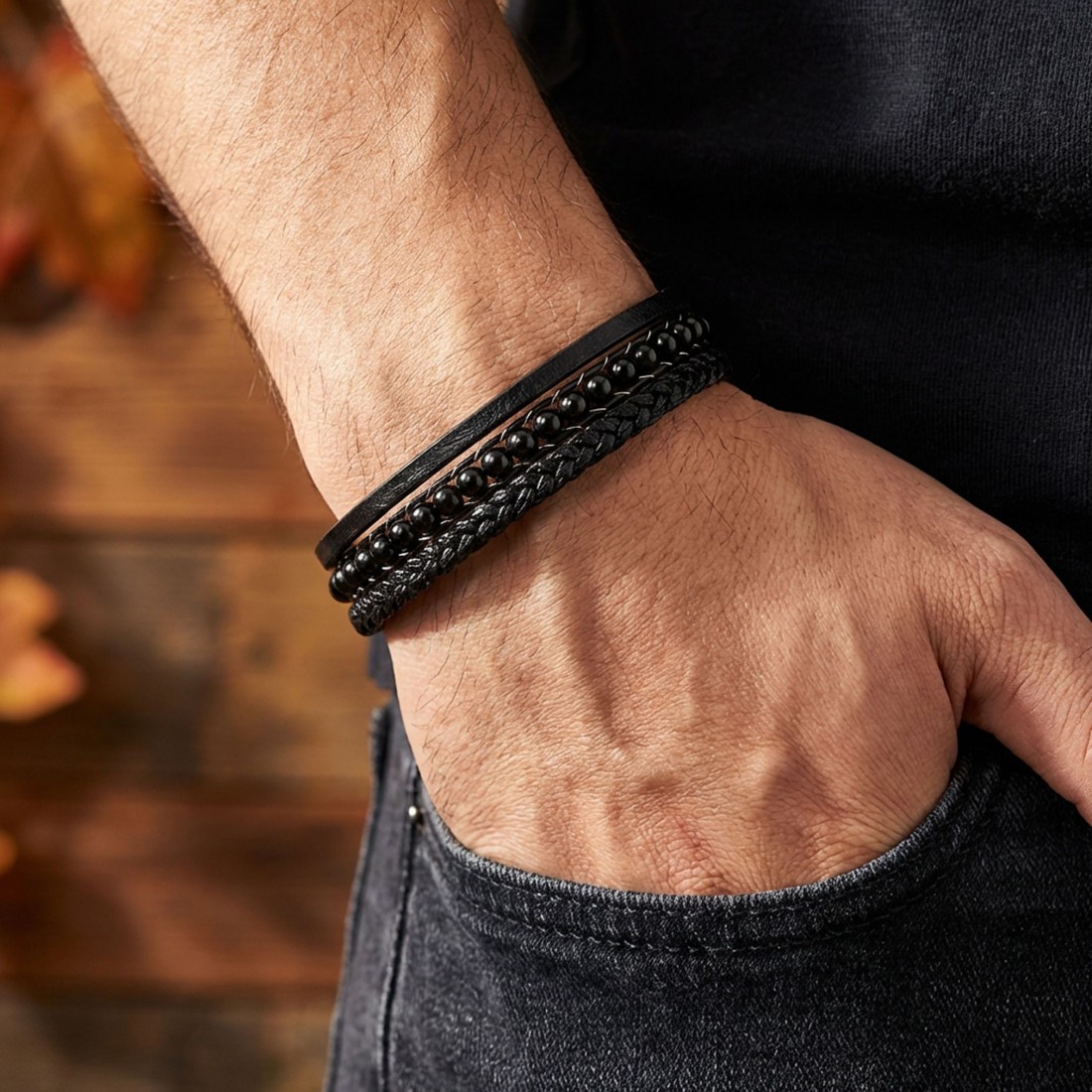 Parlak Oniks Doğaltaş Ve Deri Bileklik