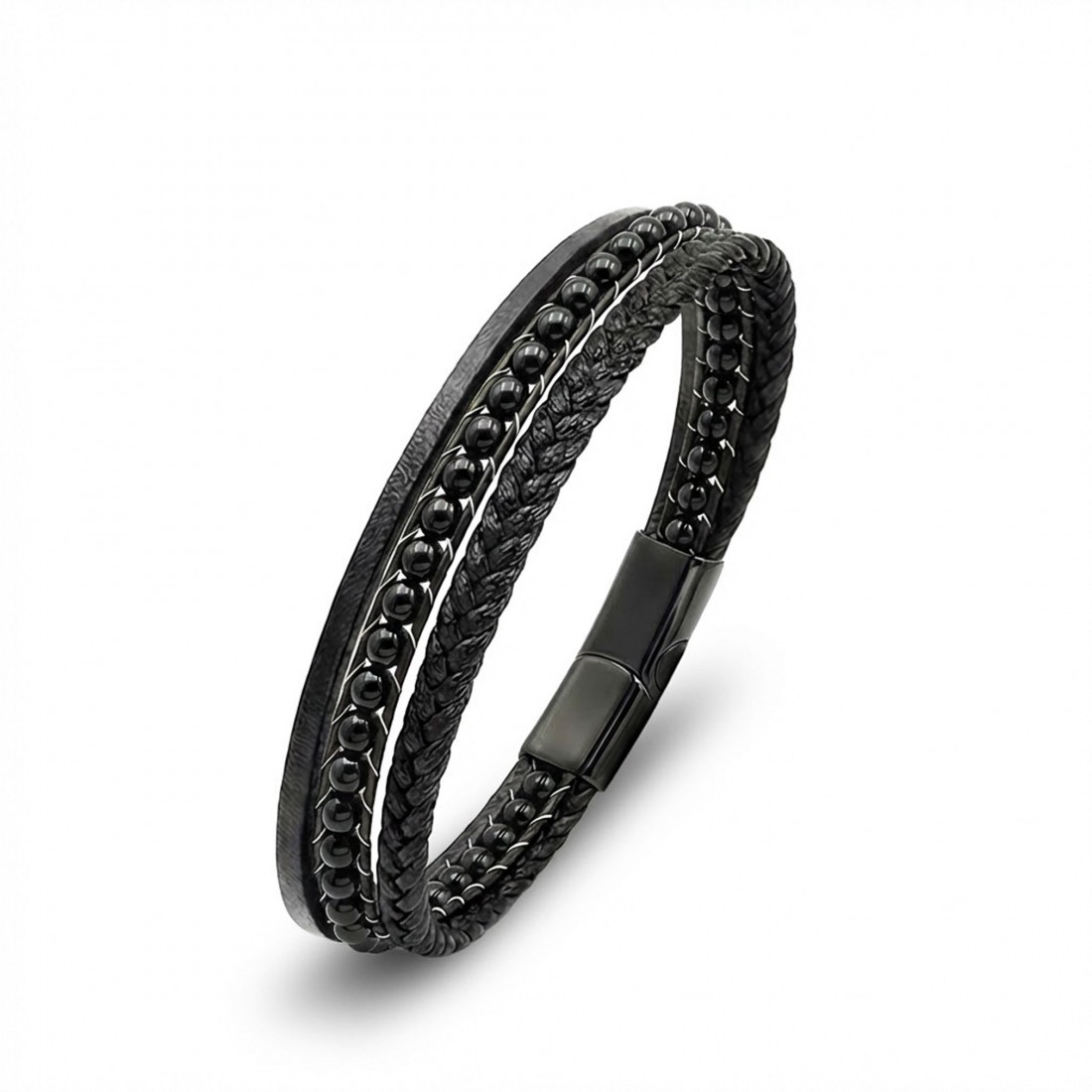 Parlak Oniks Doğaltaş Ve Deri Bileklik