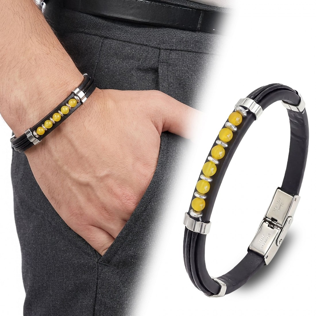 Sarı Akik Taşlı Deri Bileklik