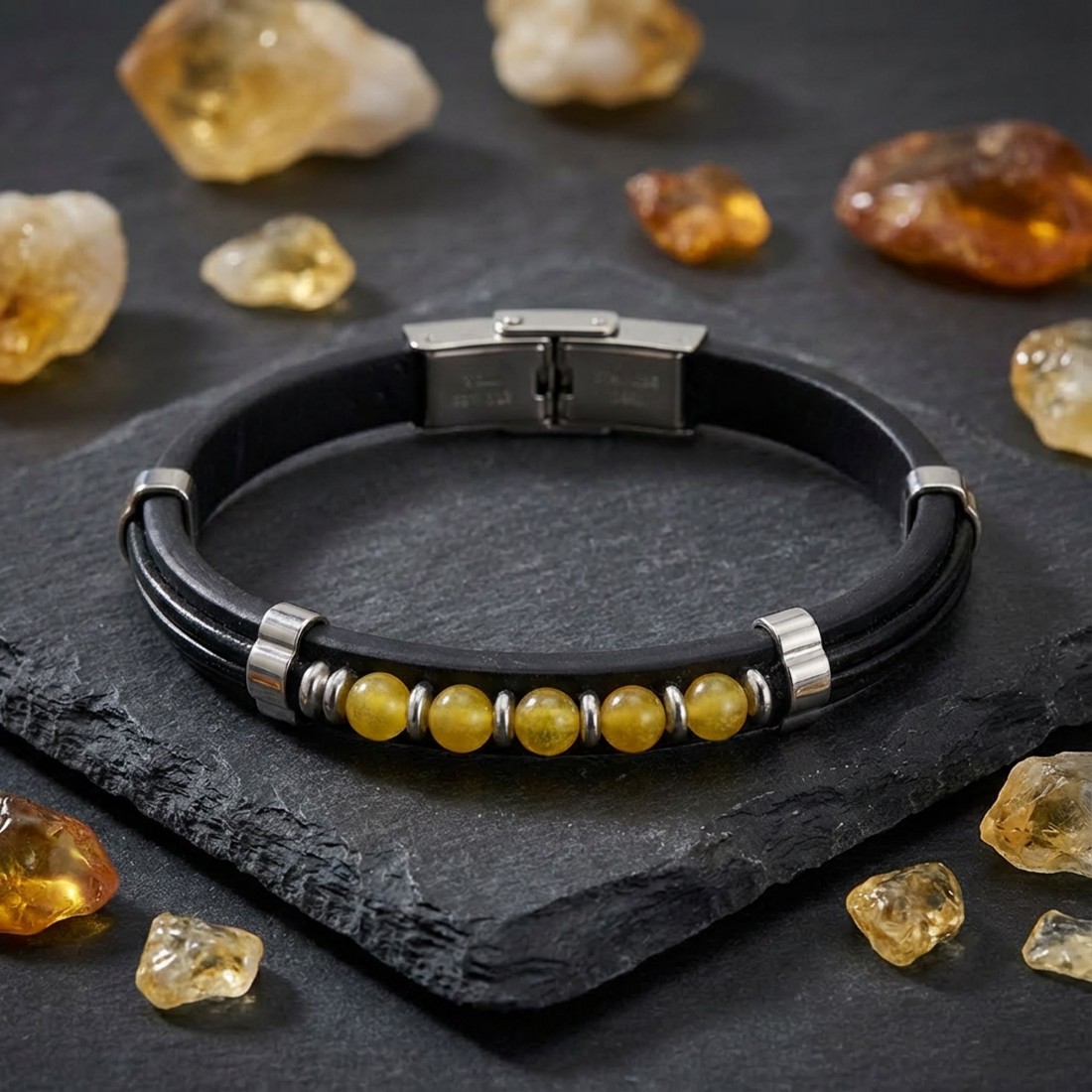 Sarı Akik Taşlı Deri Bileklik