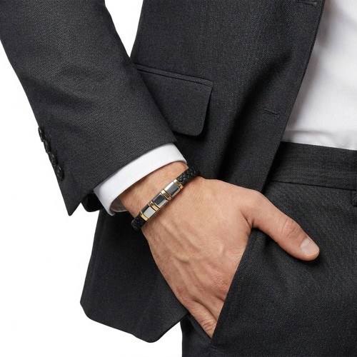 Sarı-Beyaz 316L Çelik Ve Tüp Örgü Erkek Deri Bileklik