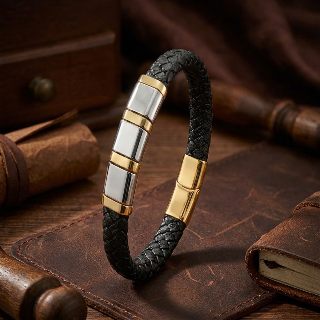 Sarı-Beyaz 316L Çelik Ve Tüp Örgü Erkek Deri Bileklik