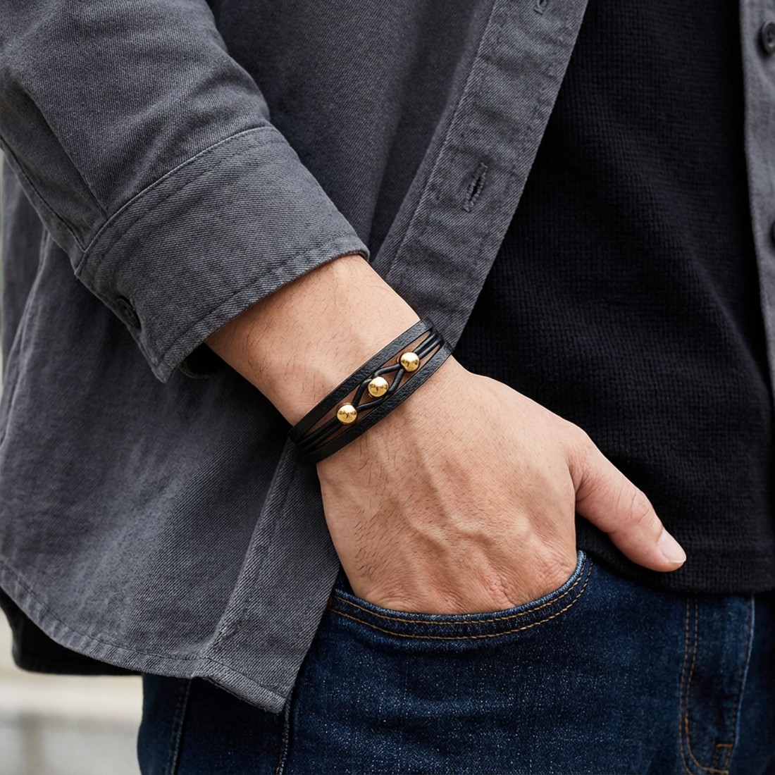 Sarı Çelik Top Ve Siyah Deri Bileklik