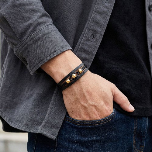 Sarı Çelik Top Ve Siyah Deri Bileklik