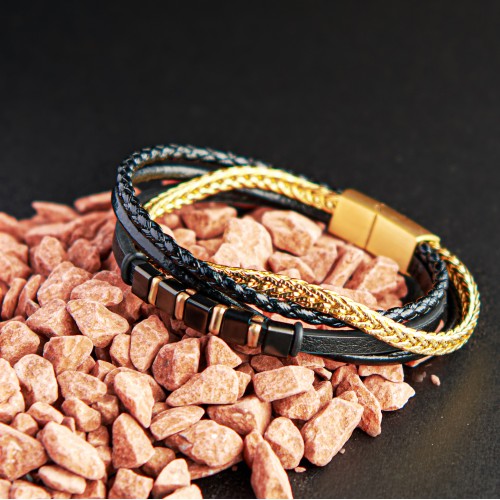 Sarı Çelik Zincirli Çoklu Hakiki Deri Çelik Bileklik