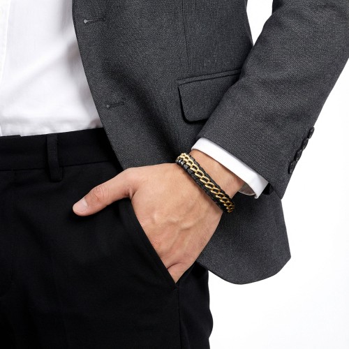 Sarı Çift Zincir Çelik Ve Deri Bileklik