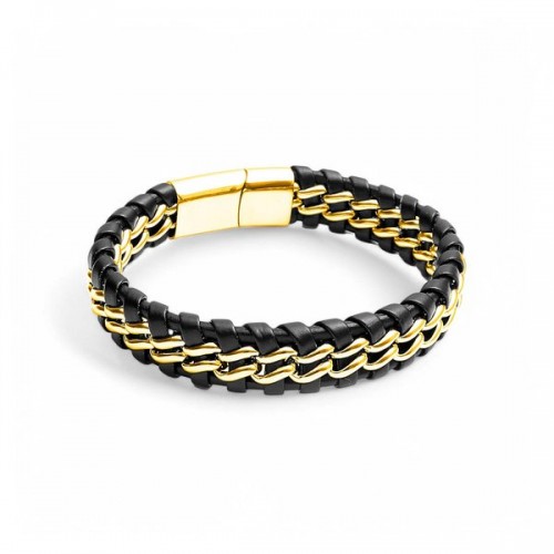 Sarı Çift Zincir Çelik Ve Deri Bileklik