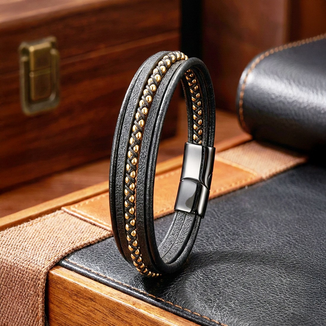 Sarı Hematit Ve Çoklu Deri Bileklik