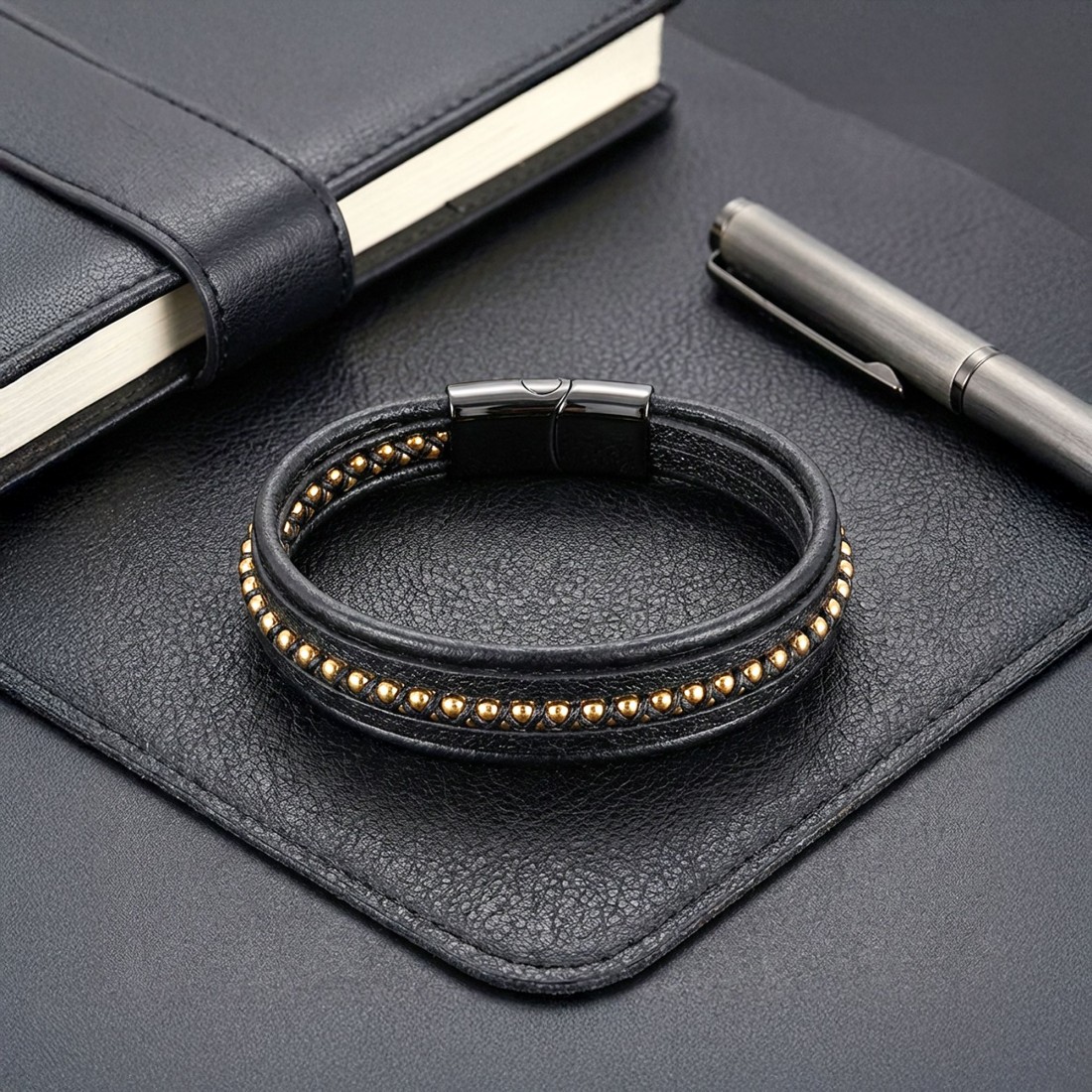 Sarı Hematit Ve Çoklu Deri Bileklik