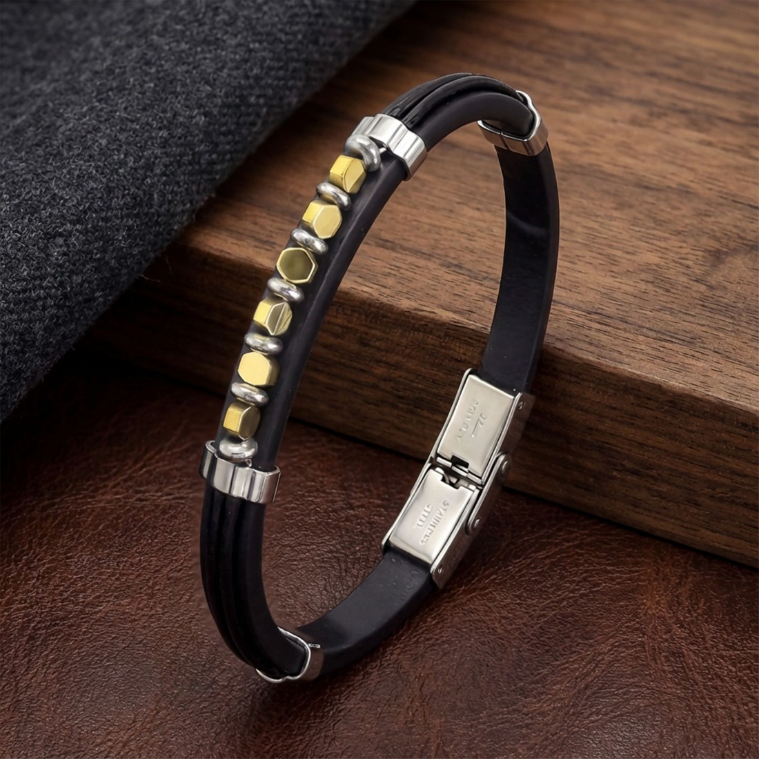 Sarı Renk Hematit Taşlı Deri Bileklik