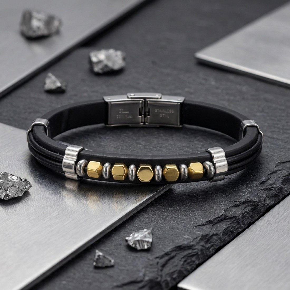 Sarı Renk Hematit Taşlı Deri Bileklik