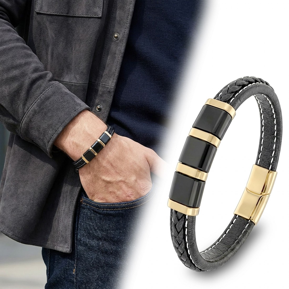 Sarı-Siyah 316L Çelik Ve Saç Örgü Erkek Deri Bileklik