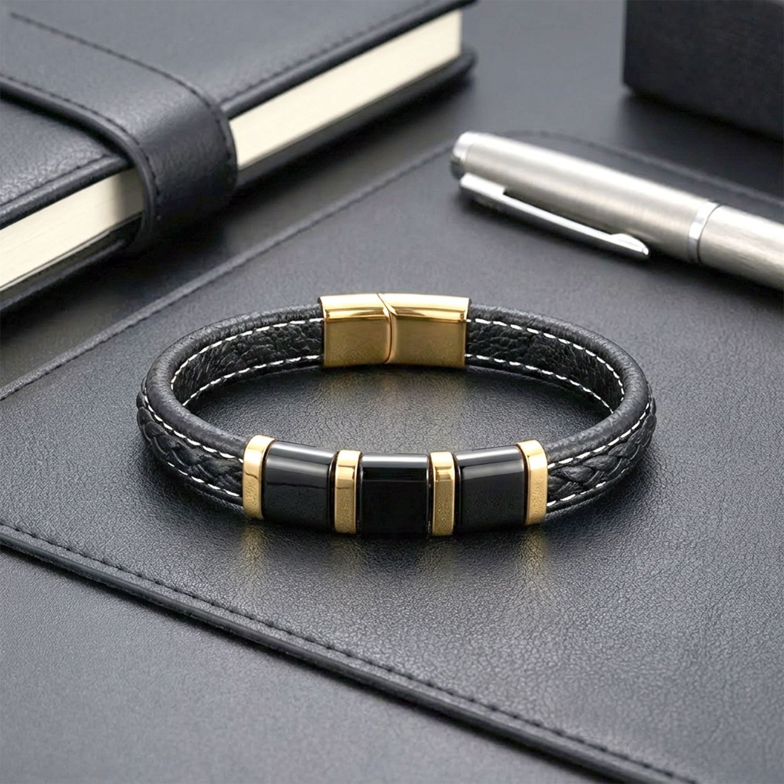 Sarı-Siyah 316L Çelik Ve Saç Örgü Erkek Deri Bileklik