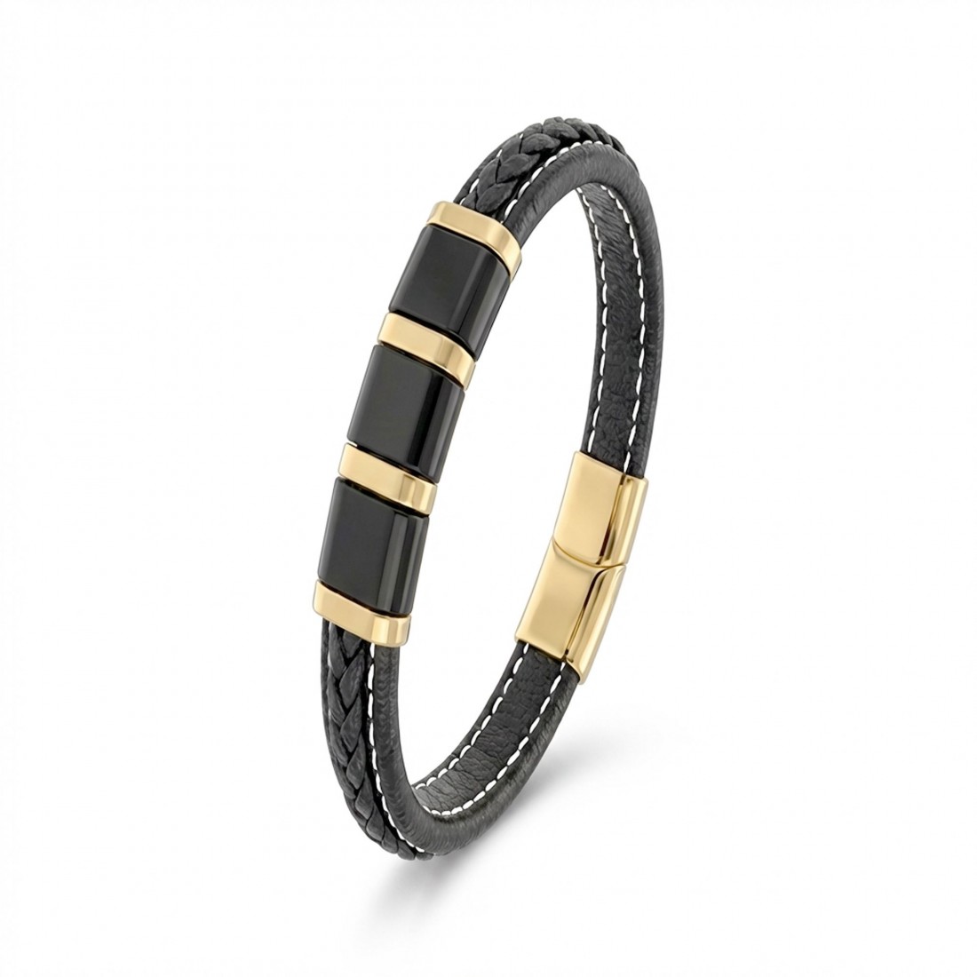 Sarı-Siyah 316L Çelik Ve Saç Örgü Erkek Deri Bileklik