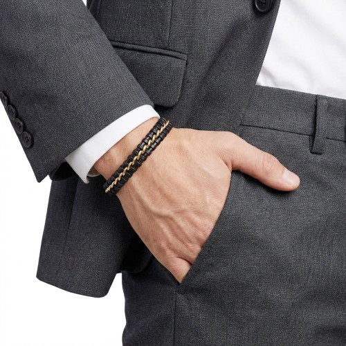 Sarı Zincir Ve Deri Dolama Çelik Bileklik