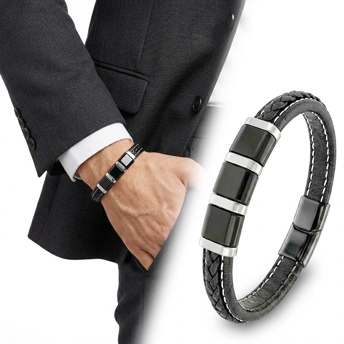 Siyah-Beyaz 316L Çelik Ve Saç Örgü Erkek Deri Bileklik