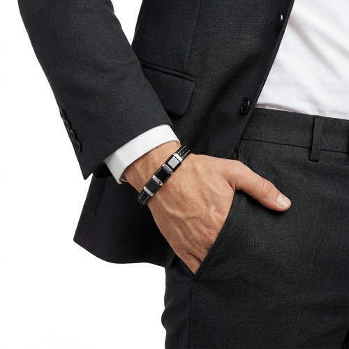 Siyah-Beyaz 316L Çelik Ve Saç Örgü Erkek Deri Bileklik