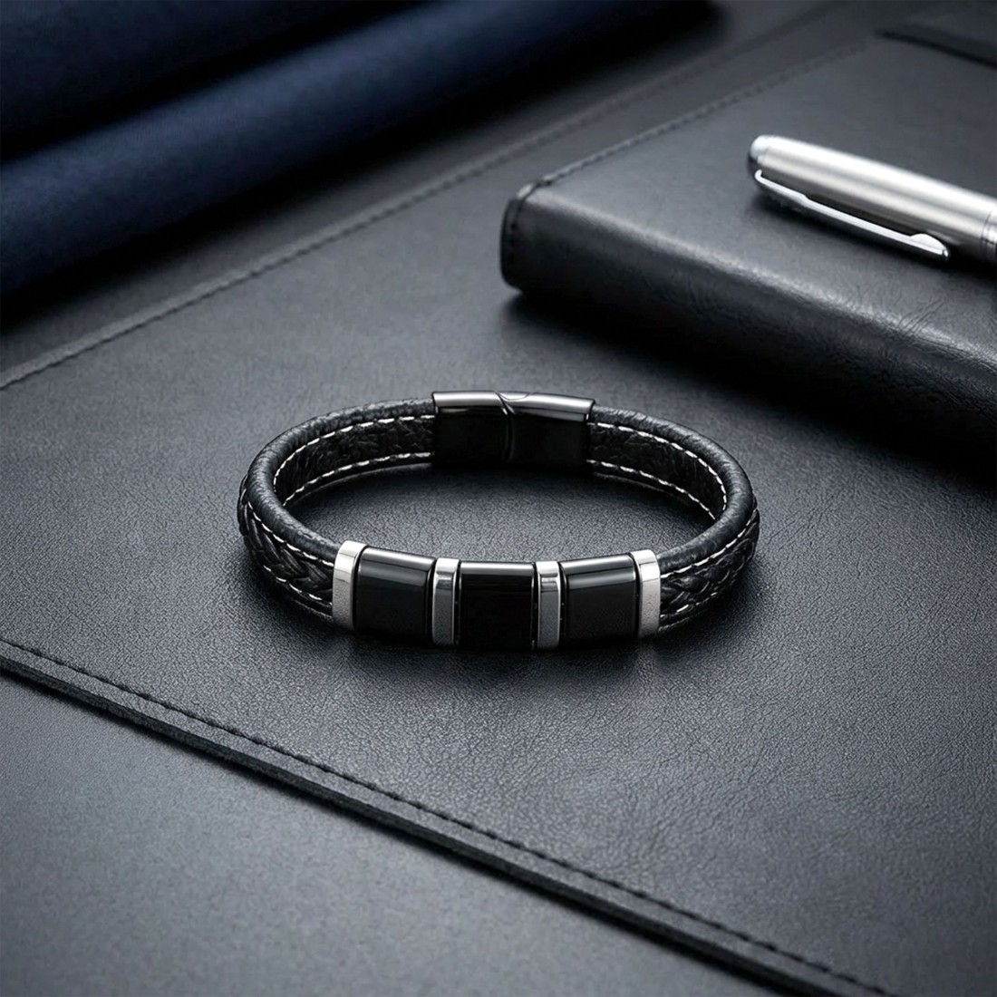 Siyah-Beyaz 316L Çelik Ve Saç Örgü Erkek Deri Bileklik