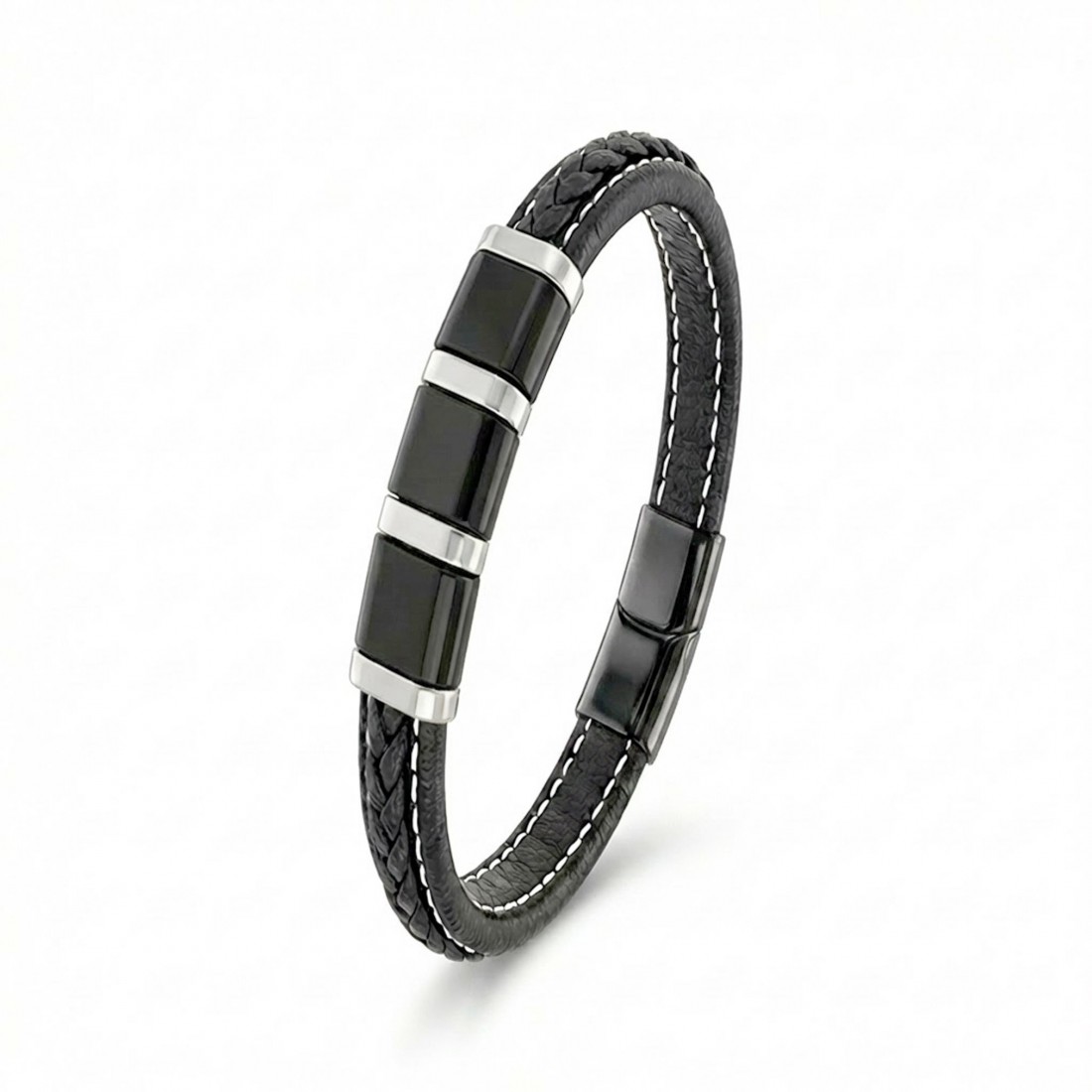 Siyah-Beyaz 316L Çelik Ve Saç Örgü Erkek Deri Bileklik