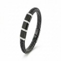 Siyah-Beyaz 316L Çelik Ve Saç Örgü Erkek Deri Bileklik