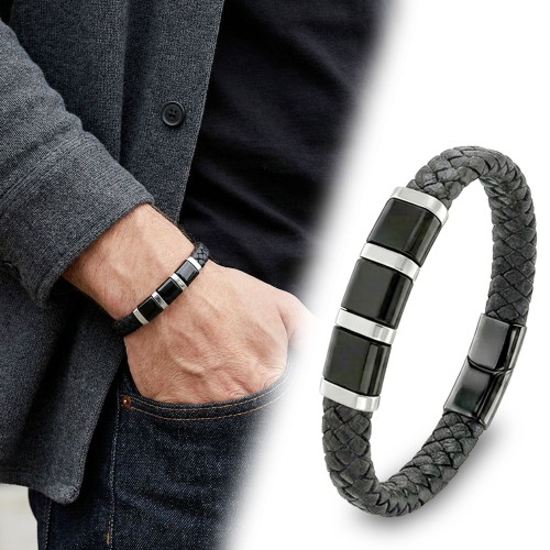 Siyah-Beyaz 316L Çelik Ve Tüp Örgü Erkek Deri Bileklik