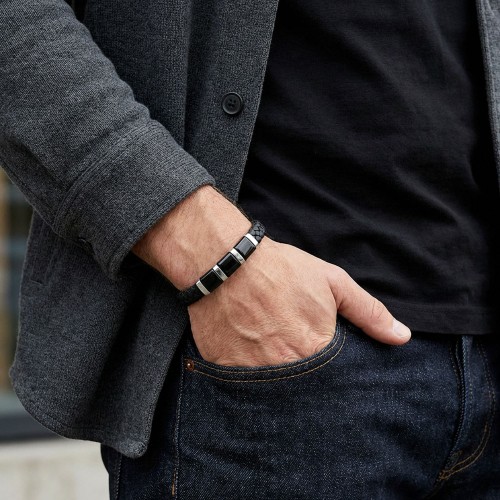 Siyah-Beyaz 316L Çelik Ve Tüp Örgü Erkek Deri Bileklik