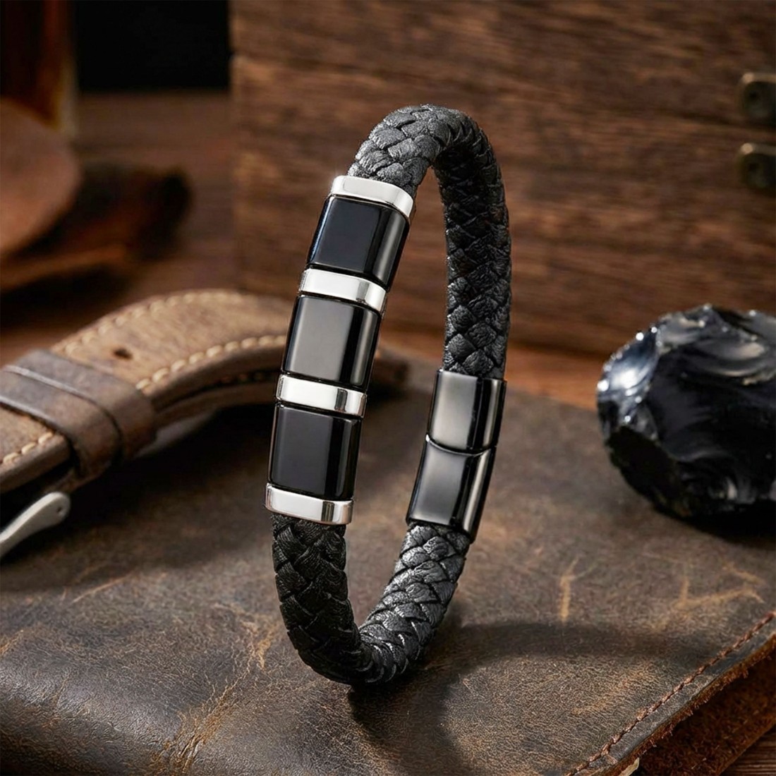 Siyah-Beyaz 316L Çelik Ve Tüp Örgü Erkek Deri Bileklik