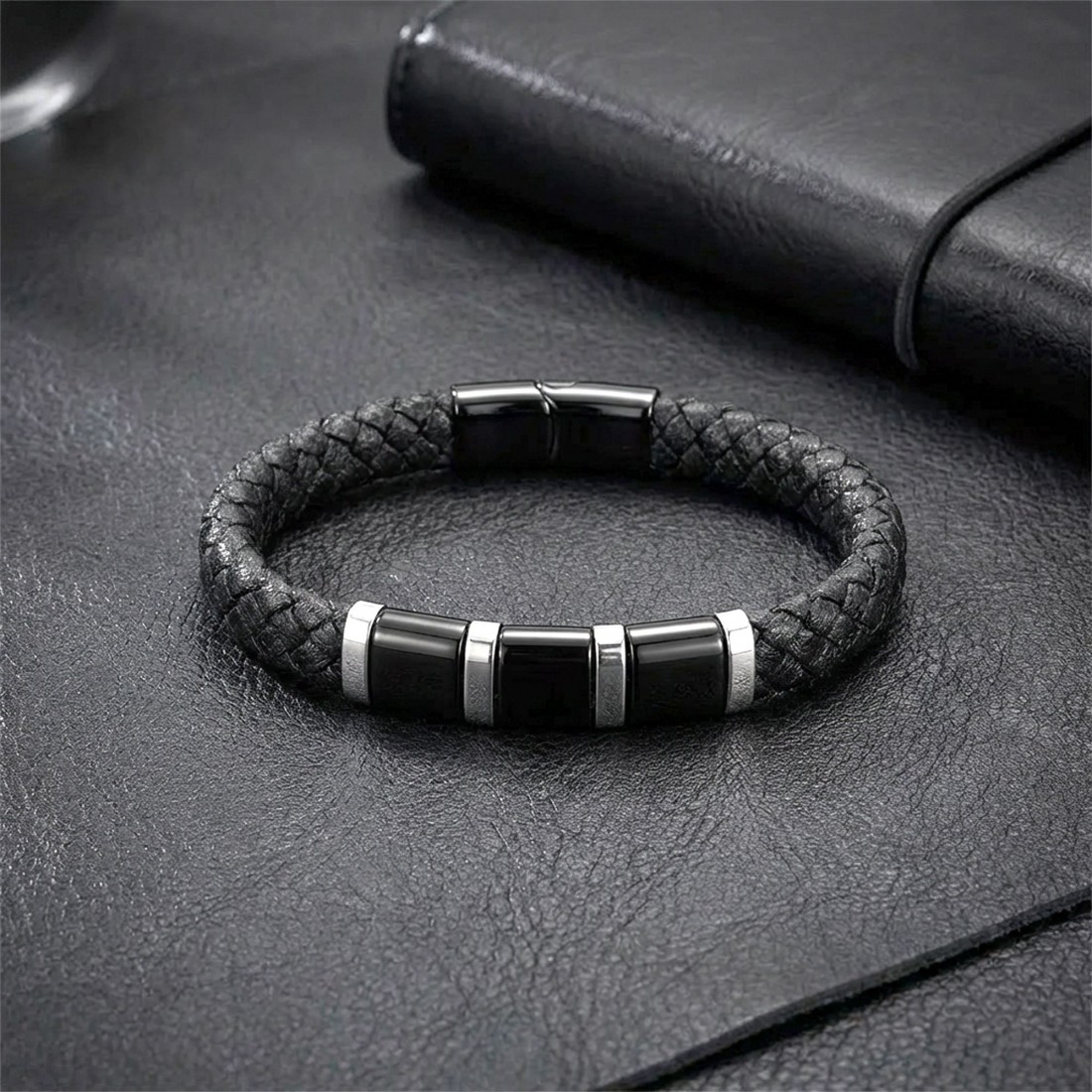 Siyah-Beyaz 316L Çelik Ve Tüp Örgü Erkek Deri Bileklik