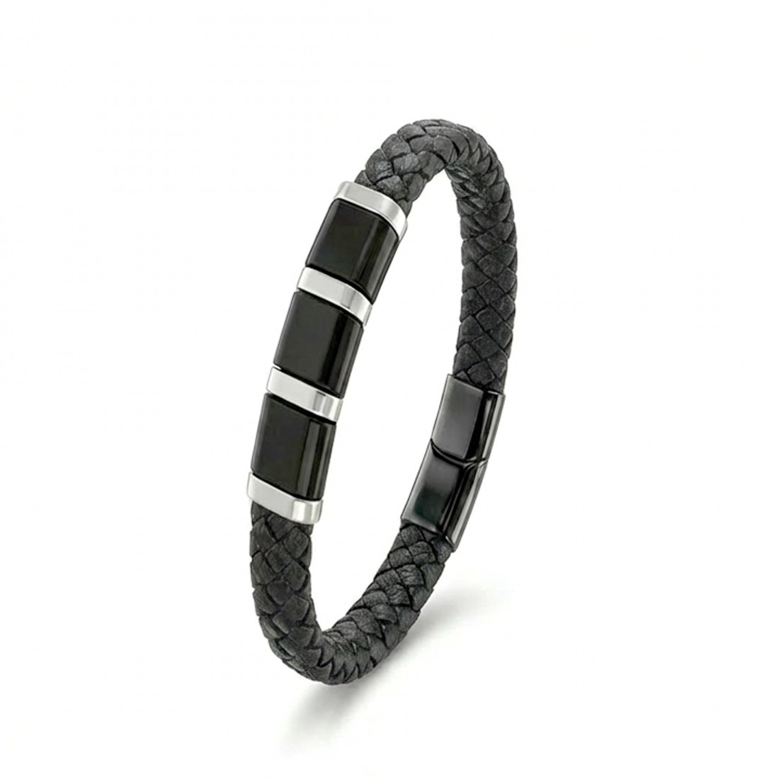 Siyah-Beyaz 316L Çelik Ve Tüp Örgü Erkek Deri Bileklik
