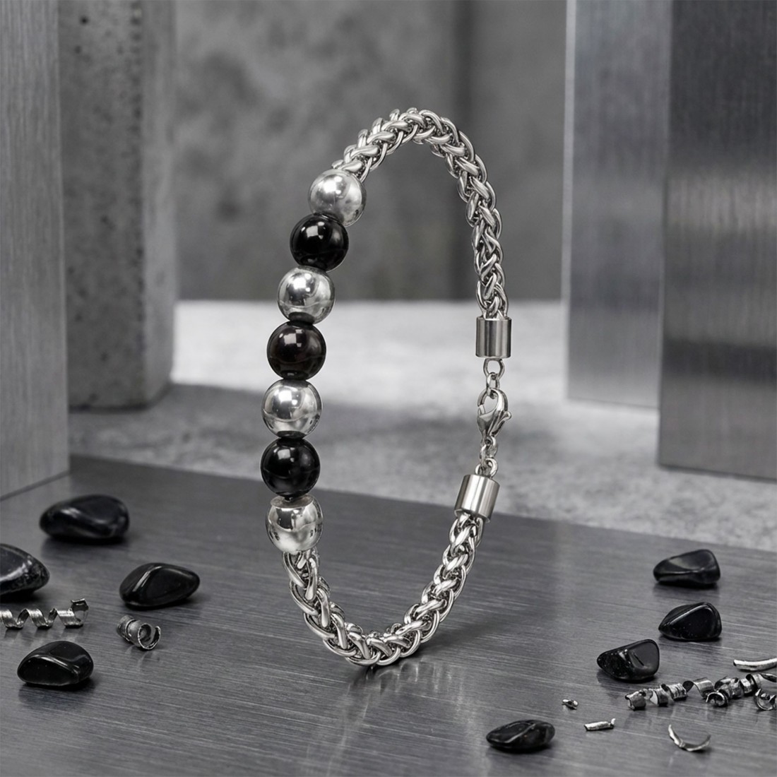 Siyah Beyaz Çelik Top Ayarlanabilir Çelik Zincir Erkek Bileklik